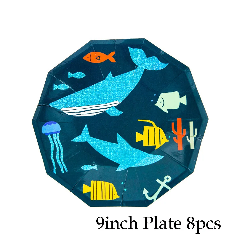 9inch plate shark Мультяшная тематическая бумажная тарелка посуда Акула Рыба Дети День рождения Сувениры тарелки одноразовые Посуда украшения принадлежности - Цвет: 9inch plate shark