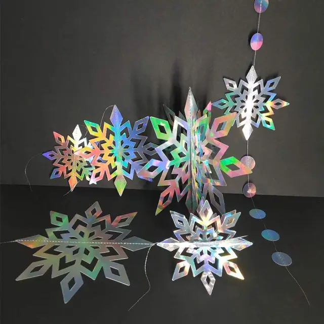 Iridescent Christmas 3D Paper Snowflake Circle Star Garlands Decorations  Hanging Star Christmas Winter White Glitter Trees