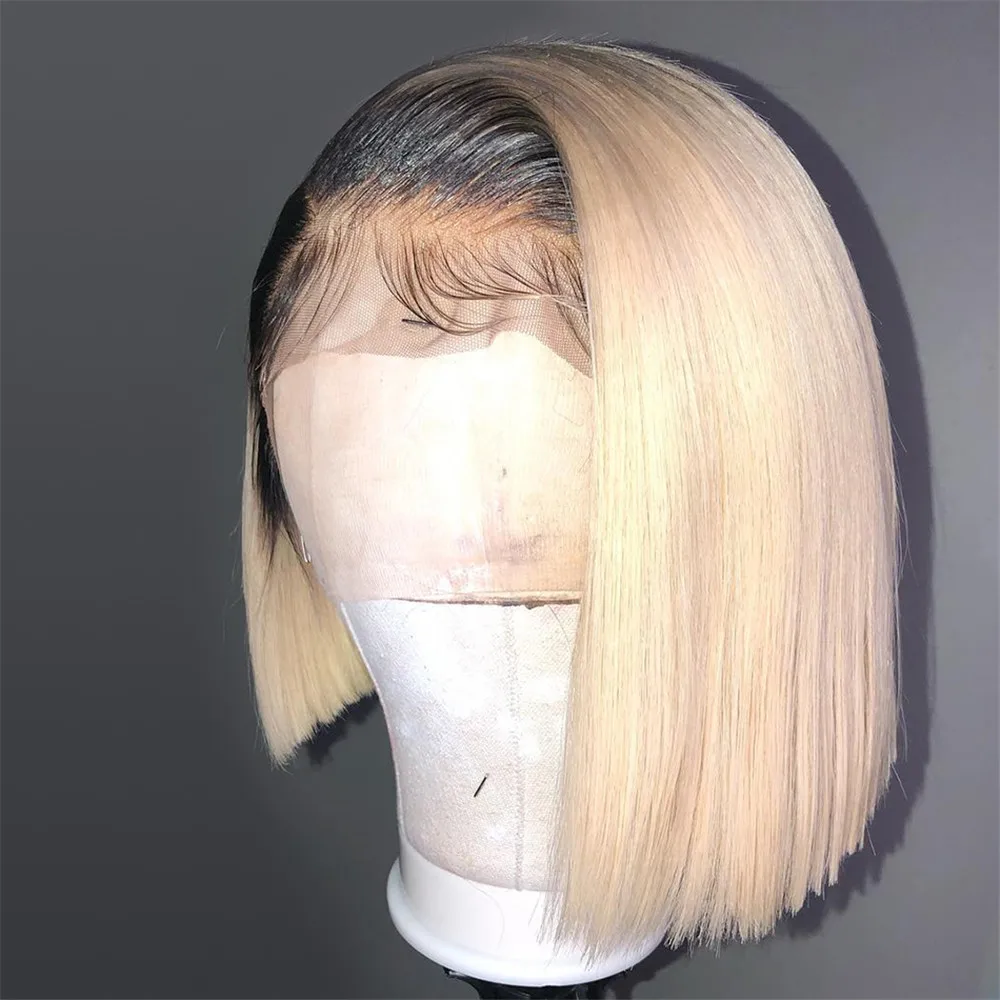 Ombre Blonde 1B613 Human Hair Full Lace Wigs Short Bob Straight Brazilian Remy Hair Bleached Konts Glueless Wigs with Baby Hair