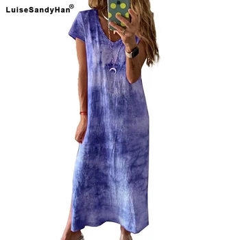 

2020 Spring Short-sleeved V-neck Loose Dress Female Side Slit Printing Casual Dress Long Section Ankle Women Pullover Summer