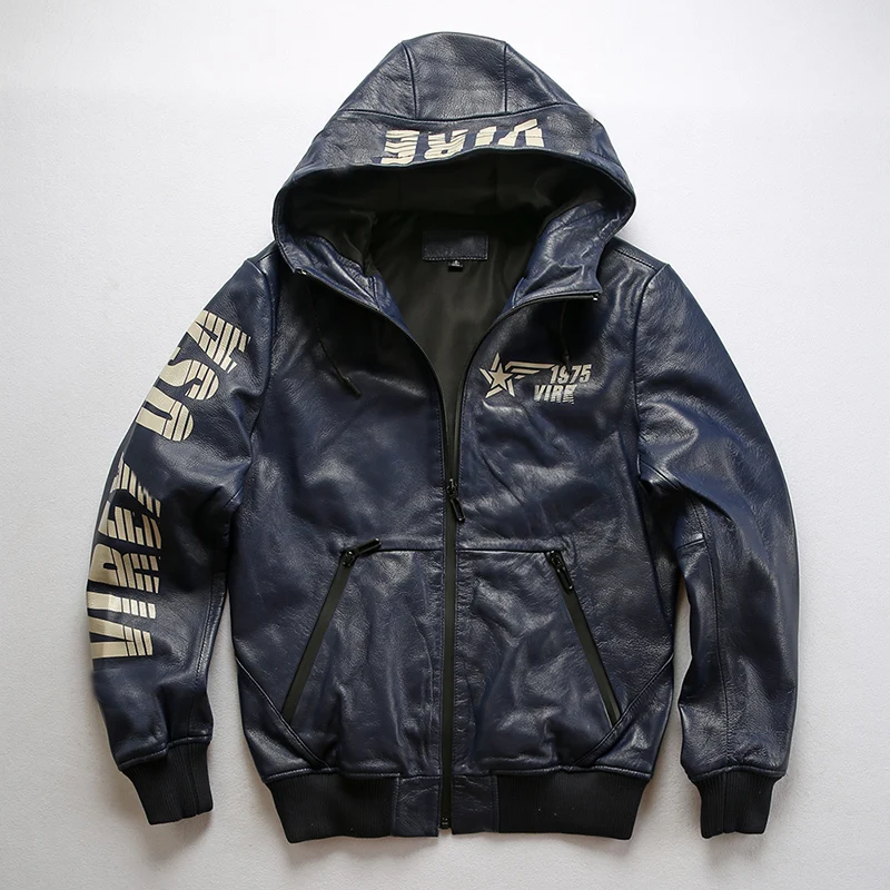 

Free Shipping Men's Genuine Hooded Jackets Autumn Winter Sheepskin Leather Baseball Jacket Large Size Warm Coat
