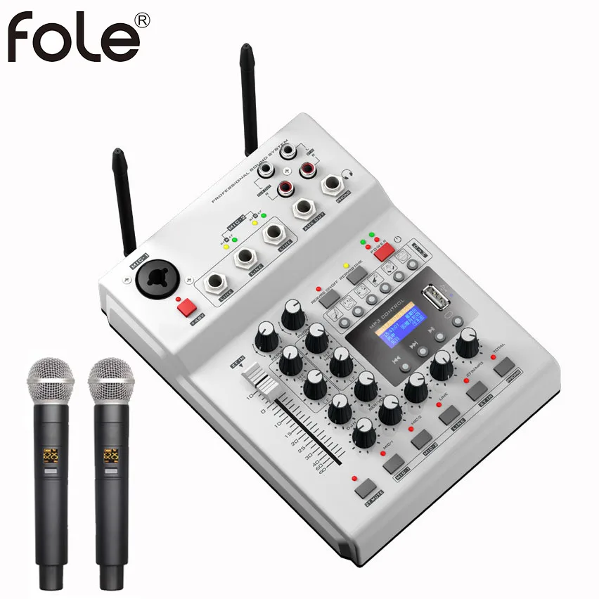 FOLE F-12T-USB беспроводной микрофон KTV DJ аудио микшер микшерный пульт с дисплеем с 2 микрофоном 48 В фантомное питание