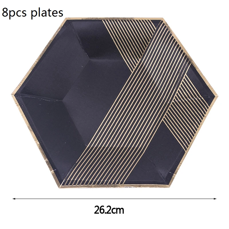 Набор одноразовой посуды розового, золотого и черного цвета, чашки, тарелки, салфетки, соломинки, украшение для свадебной вечеринки, принадлежности для дня рождения - Цвет: BB02 8pcs plates 26