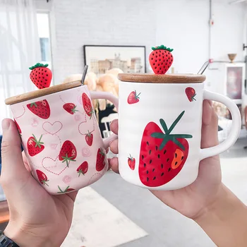 

Girls Love It 1 Pcs Ceramic Cute Strawberry Design Coffee Tea Cup Mug With Spoon Cover
