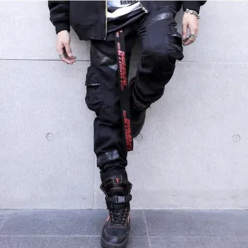 

Men High Street Fashion Leather Pocket Splice Casual Cargo Pant Male Hip Hop Harem Pants Long Trousers