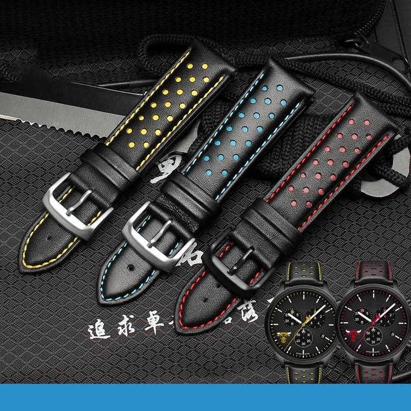 

20 22mm Genuine Leather Watchband Charm Leather Bracelet Sport Watch Strap Mens Wristwatches Band Belts Black Blue Red Stitched
