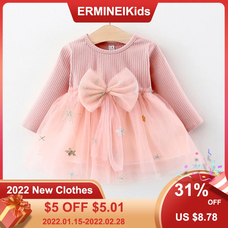  Милые розовые платья для новорожденных девочек, весна-осень, платье принцессы с длинным рукавом и бантом, платье на день рождения для д…