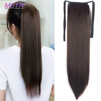 

Xnaira Ribbon Ponytail Hair Extensions Long Straight Clip in Pony Tail Extension for Women Magic Paste Synthetic Hairpiece Black