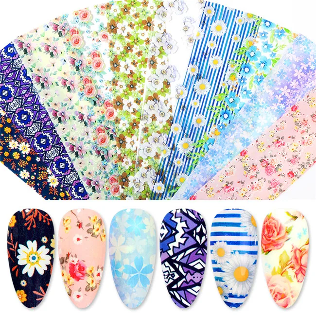 10pcs-13 10 шт., переводные наклейки из фольги с цветами для ногтей, цветочные кружева, листья, дерево, летние слайдеры, наклейки, обертывания, набор для украшения ногтей, 100*2,5 см - Цвет: 10pcs-13