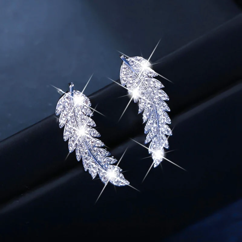 New Fashion Temperament Personality Micro-inlaid Zircon Gold Silver Leaf Earrings Female Jewelry Accessories | Украшения и