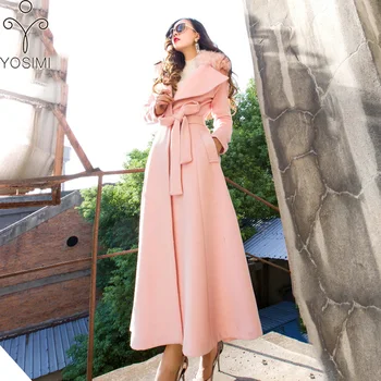 

YOSIMI 2019 Winter Coat Women Wool Fur Collar Overcoat Maxi Turn-down Collar Skirt Full Sleeve X-Long Pink Long Woolen Coat