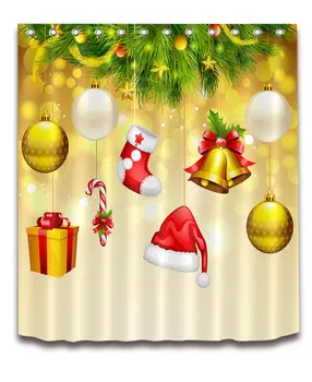 

Merry Christmas Season Eve New Year Decorative Decor Gift Shower Curtain Polyester Fabric Tree Gold Background Balls Hat Candy