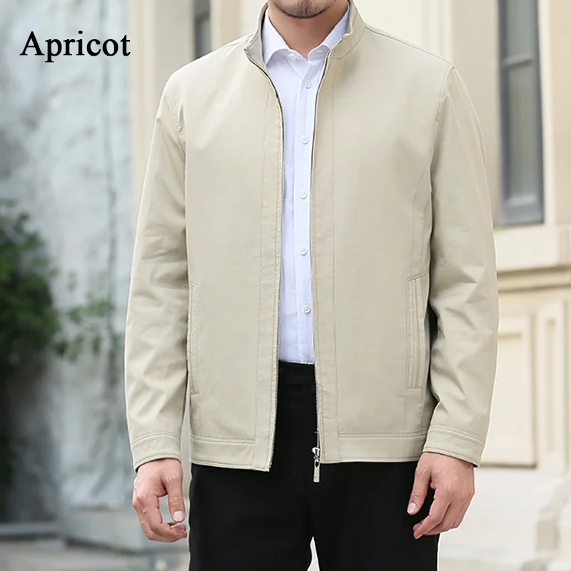 Apricot Mu Yuan Yang Новинка осени Для мужчин куртка Бизнес Повседневное стоячим воротником на молнии, лаконично выглядящие Цвет тонкий хлопок Для мужчин пальто - Цвет: Apricot