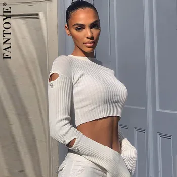 

FANTOYE O Neck Striped Flare Long Sleeve Basic T-shirt For Women Autumn Hollow Out Bodycon Crop Top White Cusual Women's Clothes
