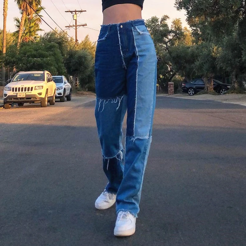 

Women Color Block Patchwork Jeans 2020 Vintage Denims Pants High Waist Long Straight Jeans Flared Pant Loose Streetwear Trousers