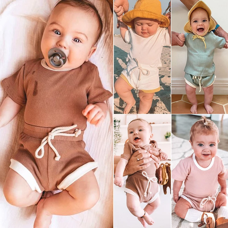 Baby Boy Girl Summer Clothes Set Short Sleeve T-shirt+Shorts 2pcs Newborn Outfits Kids Toddler Pajamas Knitted Infant Tracksuits Baby Clothing Set expensive