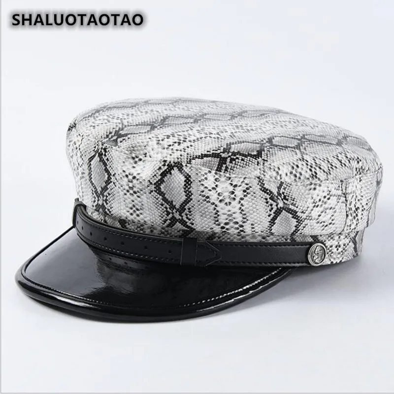 

SHALUOTAOTAO New Fashion PU Python Pattern Military Hats Snapback Trend Women's Flat Caps Autumn Winter Lady Brands Leisure Cap