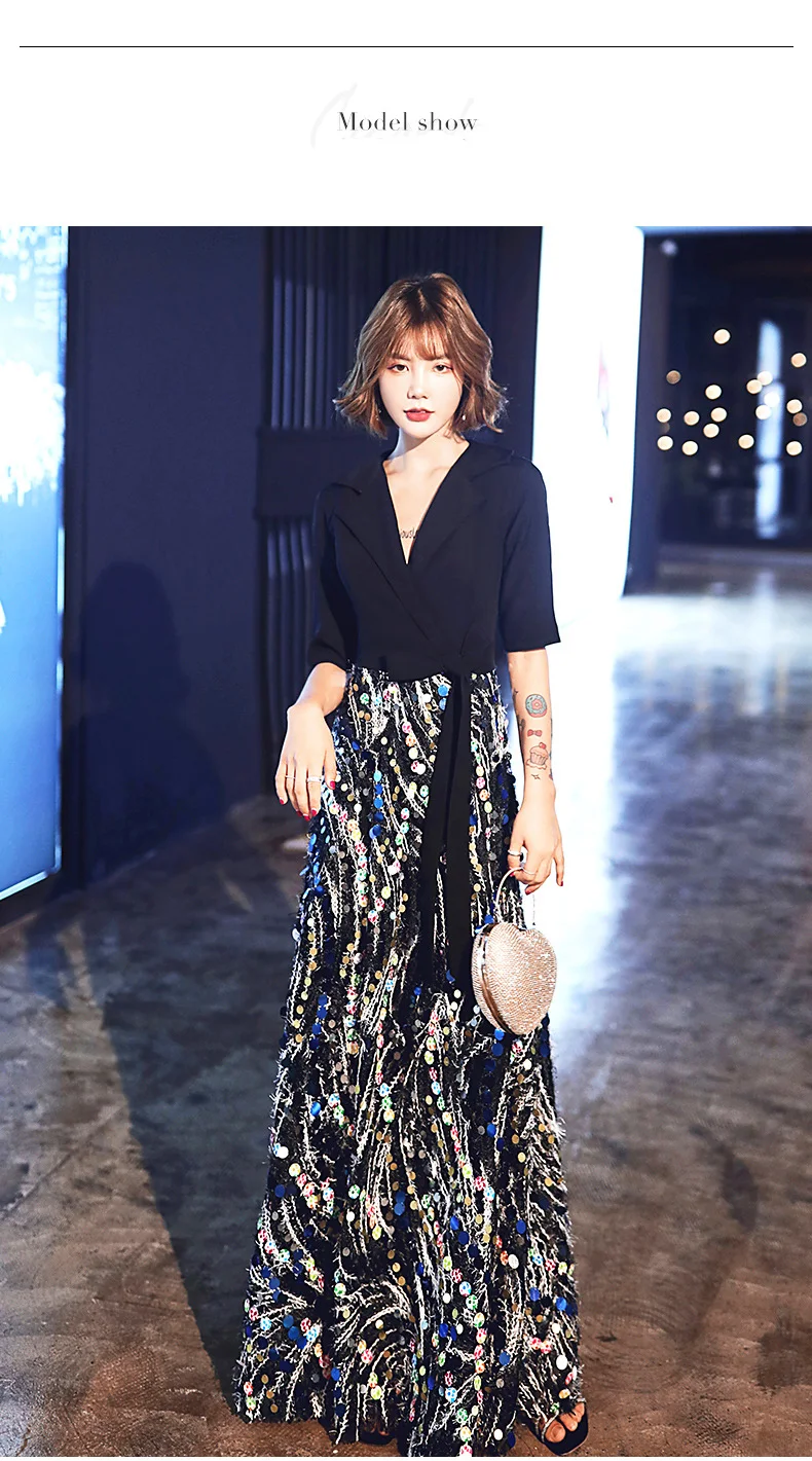 AE611 Robe De Soiree2019 Длинные вечерние платья сексуальное с v-образным вырезом Половина рукава ТРАПЕЦИЕВИДНОЕ официальное платье элегантное вечернее платье