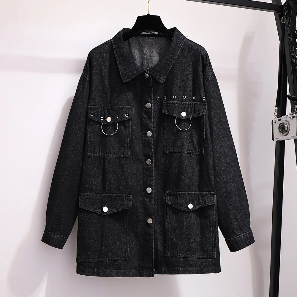 XXL~ 6XL ушко Декор осень зима женская Свободная джинсовая куртка размера плюс с длинным рукавом Однослойная длинная куртка-ветровка B681