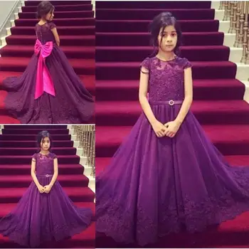 

Purple Big Bow Girls Pageant Dresses Beaded Appliques Button Back Vestidos De Desfile Kids Birthday Party Dresses