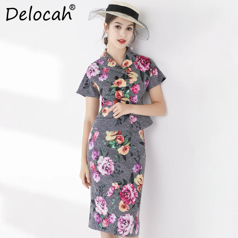 Delocah Nieuwe Runway Fashion Zomer Herfst Sets vrouwen Korte Mouwen Gedrukt Shirt En Hoge Taille Midi Rok Twee Stukken dame Set