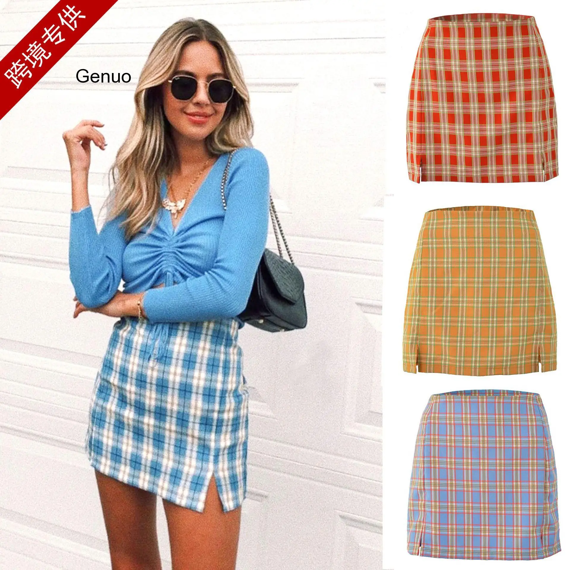 

High Waist Plaid Side Slit Bodycon Mini Skirt Women Bottoms Streetwear Casual A Line Basic Ladies Sheath Skirts
