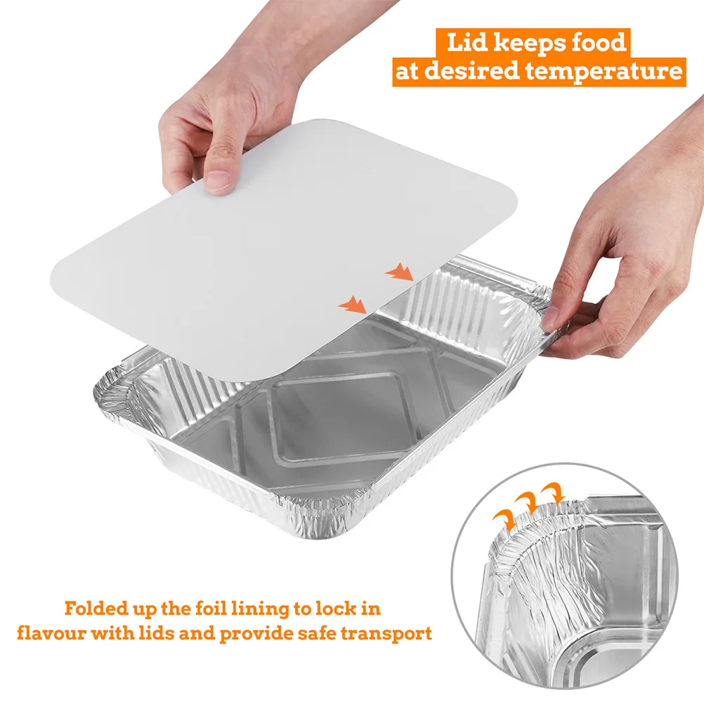 50PCS Aluminum Foil Trays BBQ Disposable Food Container Baking Pan With Lids 