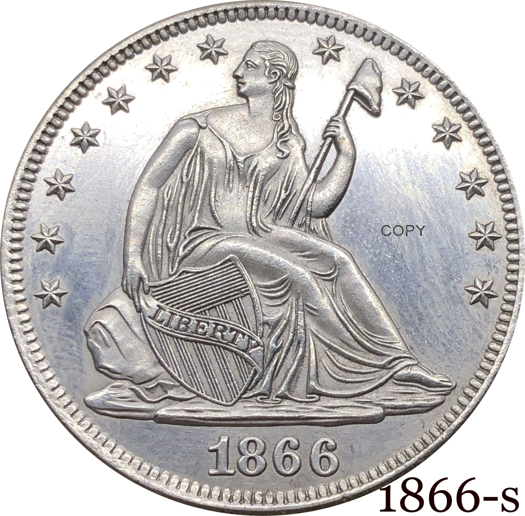 

United States Of America USA 1866 S ½ Dollar Seated Liberty Half Dollar Cupronickel Silver Plated Below Eagle Copy Coin No Motto