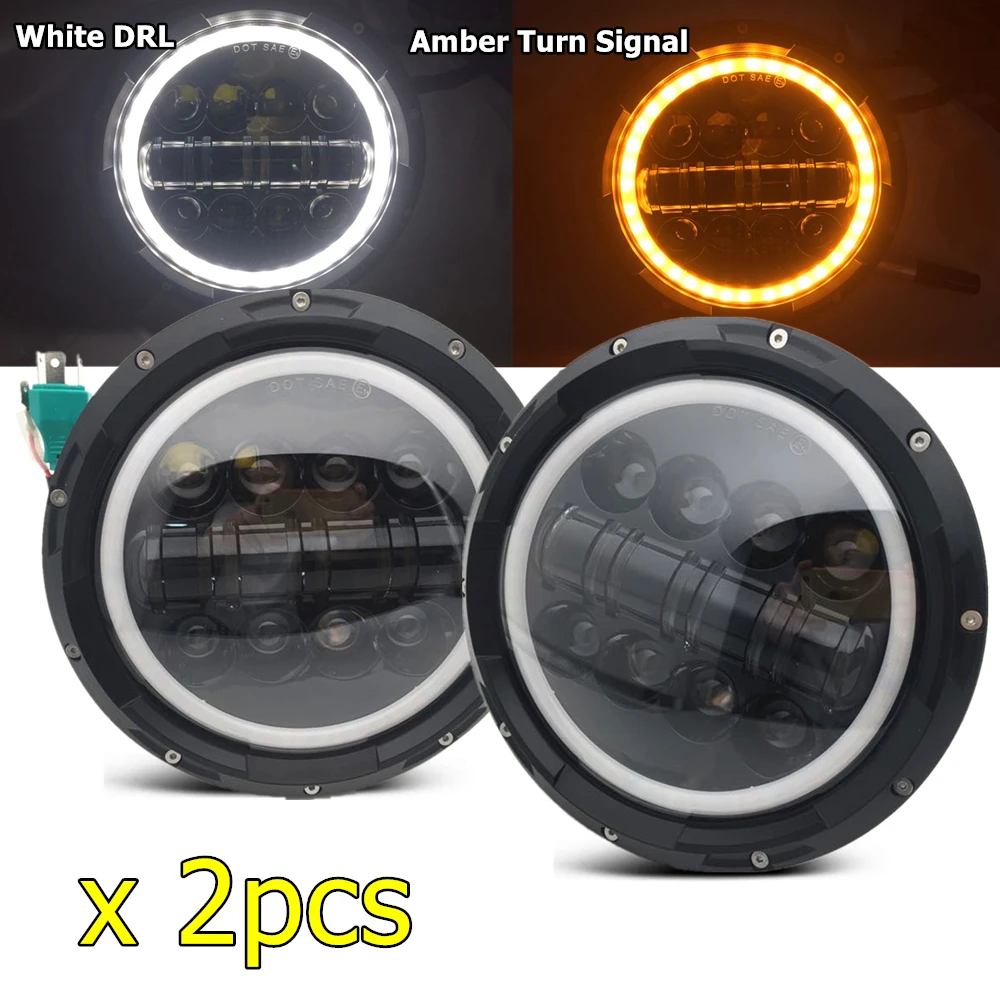 

2pcs For Jeep Wrangler Led Headlight 7inch White DRL Amber Turn Signal Halo HeadLight for Land Rover Defender for Hummer H1 H2