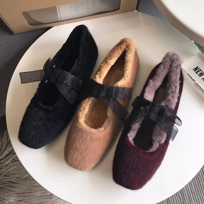 

Bean shoes women's winter 2020 new cashmere Joker gentle bow shoes sheep fur one flat bottom Mao Mao shoes womens shoes