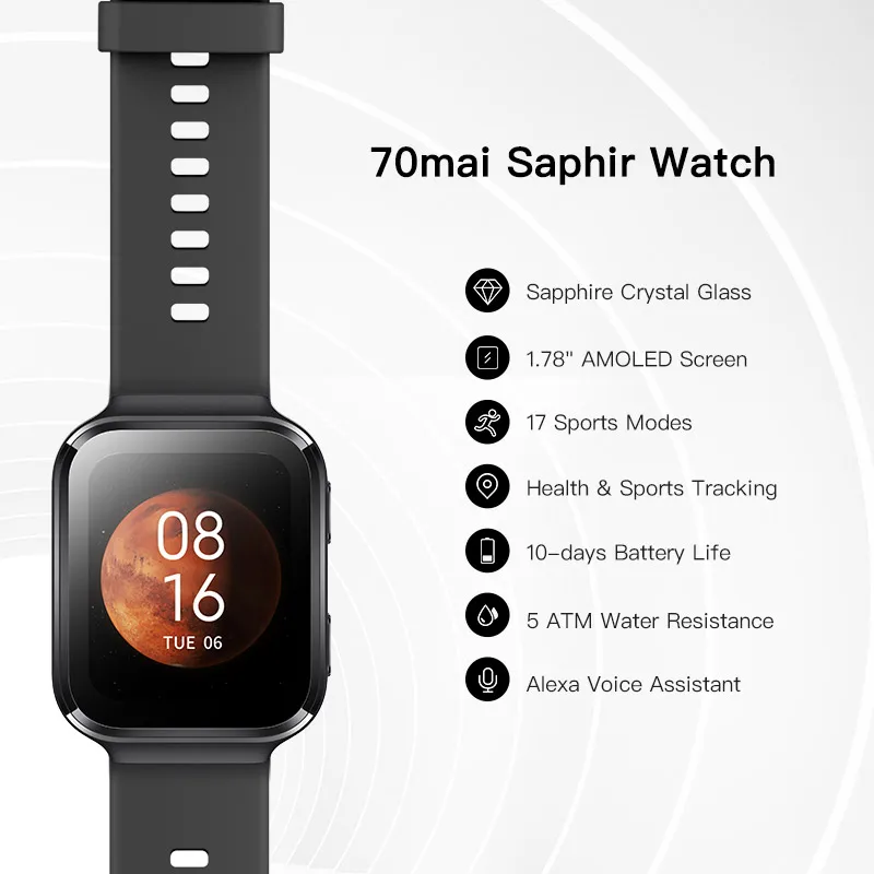 US $128.99 70mai Saphir Smartwatch Bluetooth GPS 70mai Watch Sport Heart Rate Monitor 5ATM Water Resistance Call Reminder 70mai APP