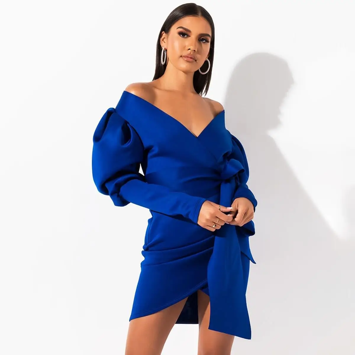 

Lace Up V Neck Cross Dress Sashes Streetwear Sexy Women Puff Sleeve Dress