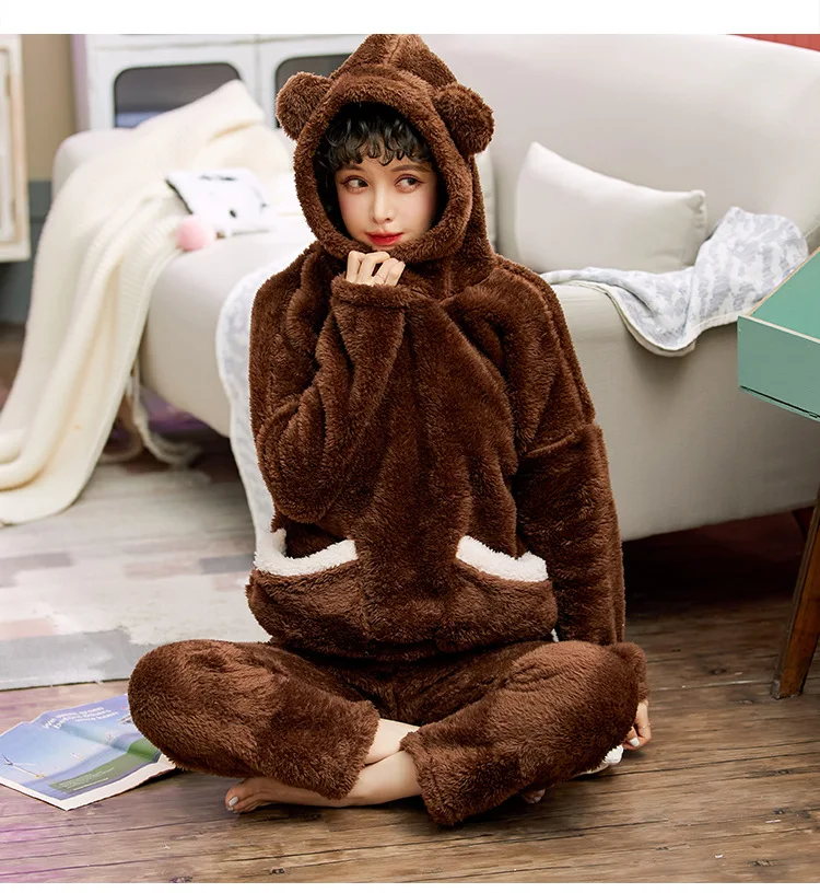 

Winter Plush Pajamas Women Korean Casual Pullover Lovely Cartoon Hooded Plush Home Wear Pijamas Set Warn Cute Night Wear