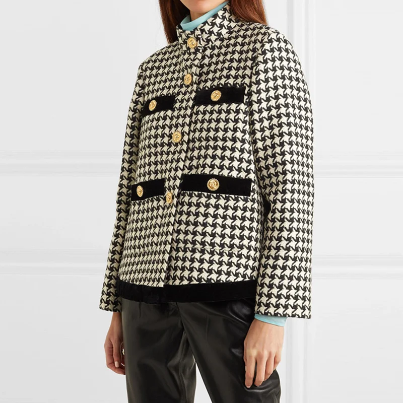 Ретро Женская твидовая куртка в ломаную клетку 2019 зимнее однобортное твидовое