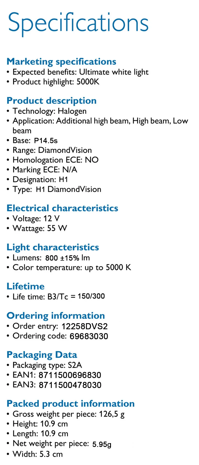 Philips H1 12V 55W P14.5s Diamond Vision 5000K ксенон супер белый светильник галогенные лампы Автомобильные фары 12258DV S2, пара
