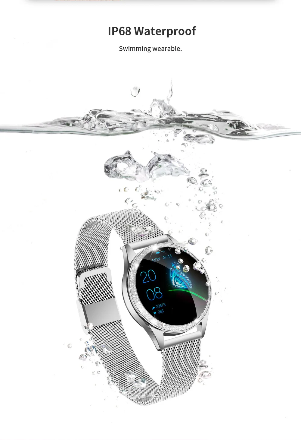 KingWear KW20, водонепроницаемые женские Смарт-часы, модные, с монитором сердечного ритма, подсчет шагов, напоминание о малоподвижности, Bluetooth, Смарт-часы для женщин