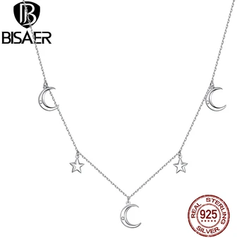 

BISAER Fashion Necklace 925 Sterling Silver Moon & Star Zircon Chain Link For Women Jewelry 45cm Wedding Necklace GXN411
