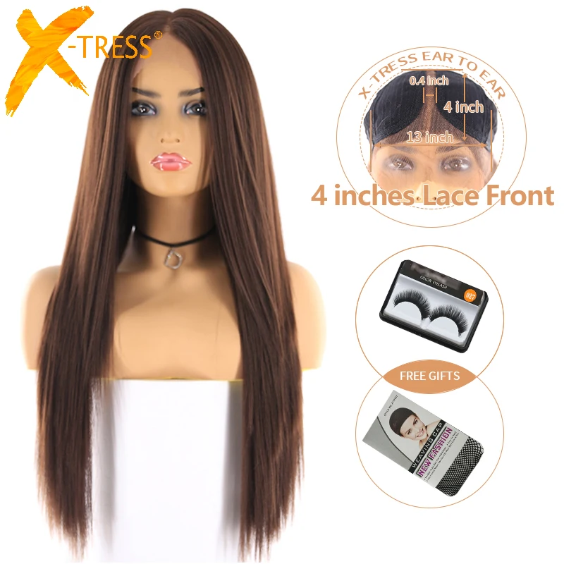 

Medium Brown Color Synthetic Hair Wigs For Women X-TRESS Long Yaki Straight Lace Front Wig With Natural Hairline Middle Part