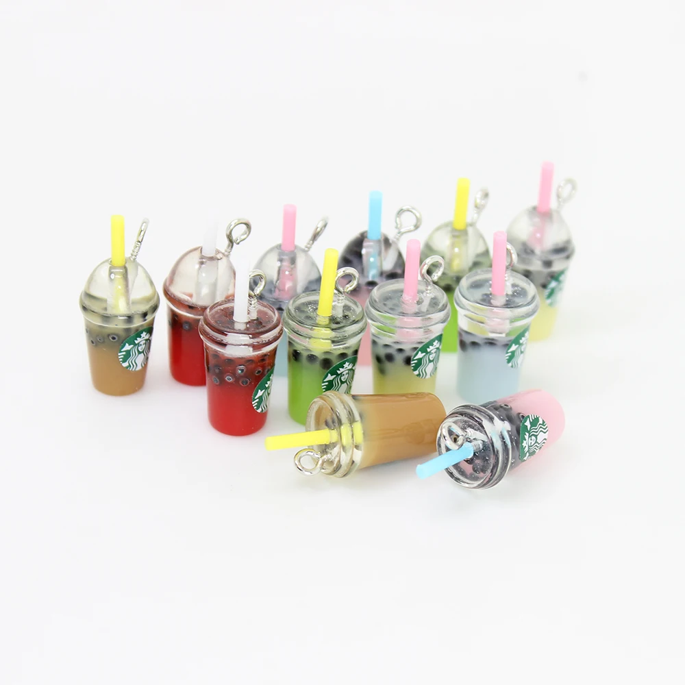8pcs-- 21*12mm Resin Kawaii 3D Straw Milk Tea Ice Cream Coffee Frappuccino Cup Charm Imitation food Pendant Jewlery Findings
