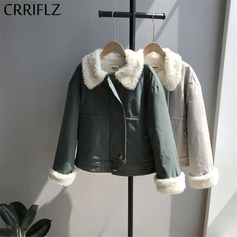CRRIFLZ пуховик Короткая овечья шерсть отложной воротник пальто зимняя куртка Женские кнопки в стиле ретро теплый утолщенный Повседневный пуховик
