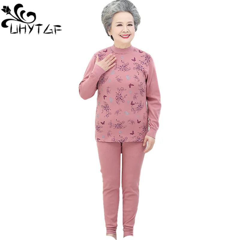 

UHYTGF Spring Autumn Two Piece Set Women Pure Cotton Base Thermal Underwear Suit Middle-Aged Elderly Comfort Thin Clothes 1880