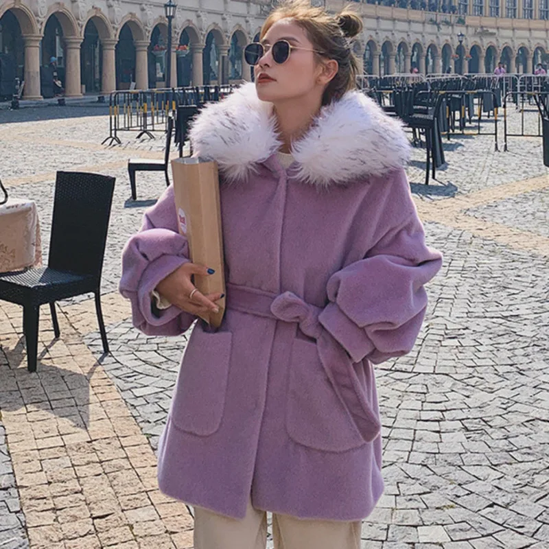 [EWQ] Winter Purple Clothes Women Tide 2021 Autumn New Woolen Coats Vintage Blends Cashmere Coat Faux Fur Collar Hooded Outwears | Женская