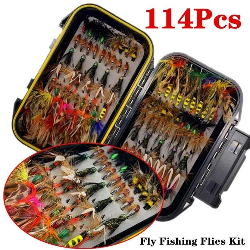 

50/114Pcs/Set Fly Fishing Lure Box Set Wet Dry Nymph Fly Tying Material Bait Fake Flies for Trout Fishing Tackle