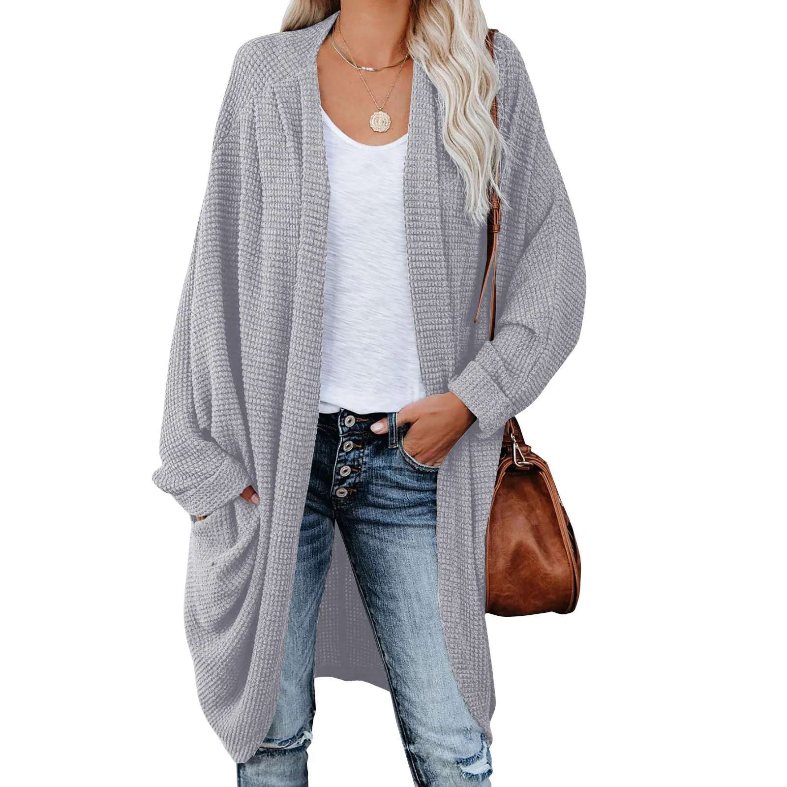 Women Long Cardigan Sweaters Autumn Winter Bat Long Sleeve Female Knitted Oversize Jacket Casual Loose Pocket Mid Length Outwear 1