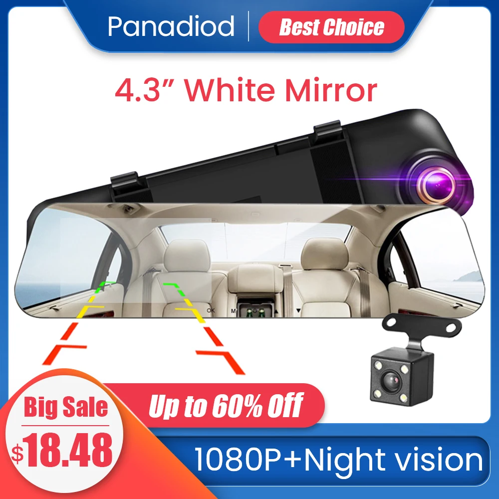 

Car Dvr 4.3 Inch Dash Cam Video Recorder Rearview Mirror FHD 1080P Blue Mirror Dual Lens With Rear View Camera Auto Registrator
