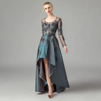 

Alagirls 2020 Grey Appliques Prom Dress Hi-Low Long Sleeves Formal Party Dress Elegant Evening Gown Ballkleid vestidos de noche