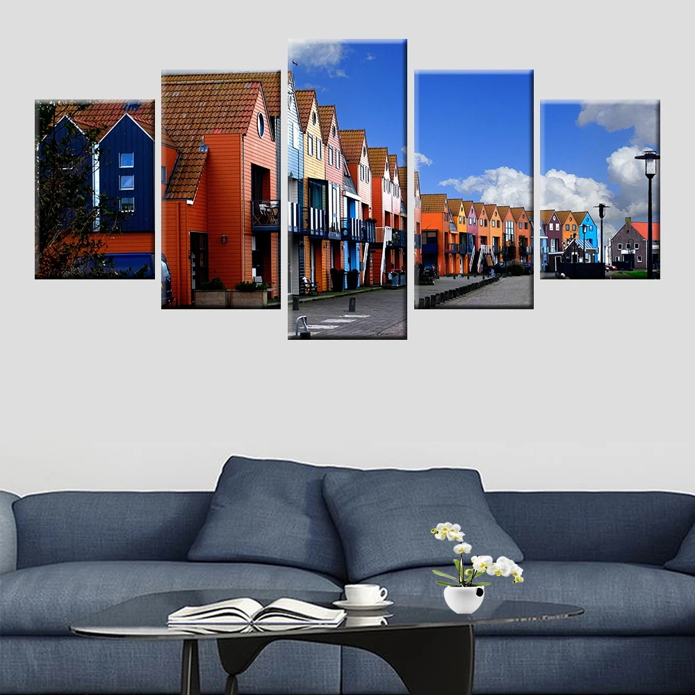 

Colorful Street Building Poster Canvas Painting 5 Panel Home Decoration Wall Art Living Room Bedroom Mural