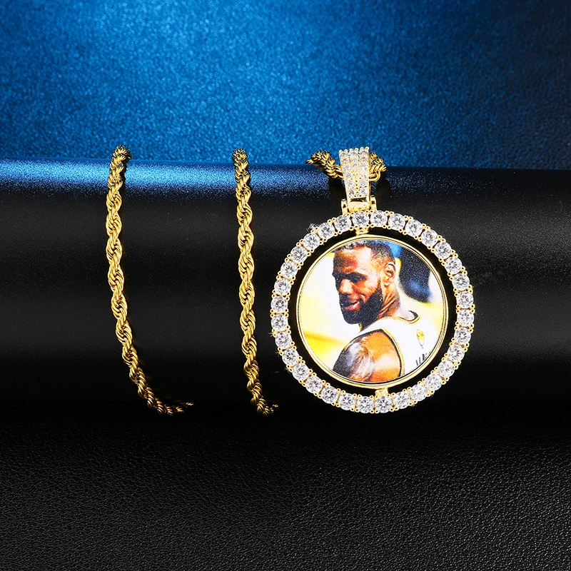 Round Rotating Double-sided Iced Out Bling Custom Made Photo Cubic Zircon Necklace&Pendant For Men Hip Hop Jewelry Tennis Chain
