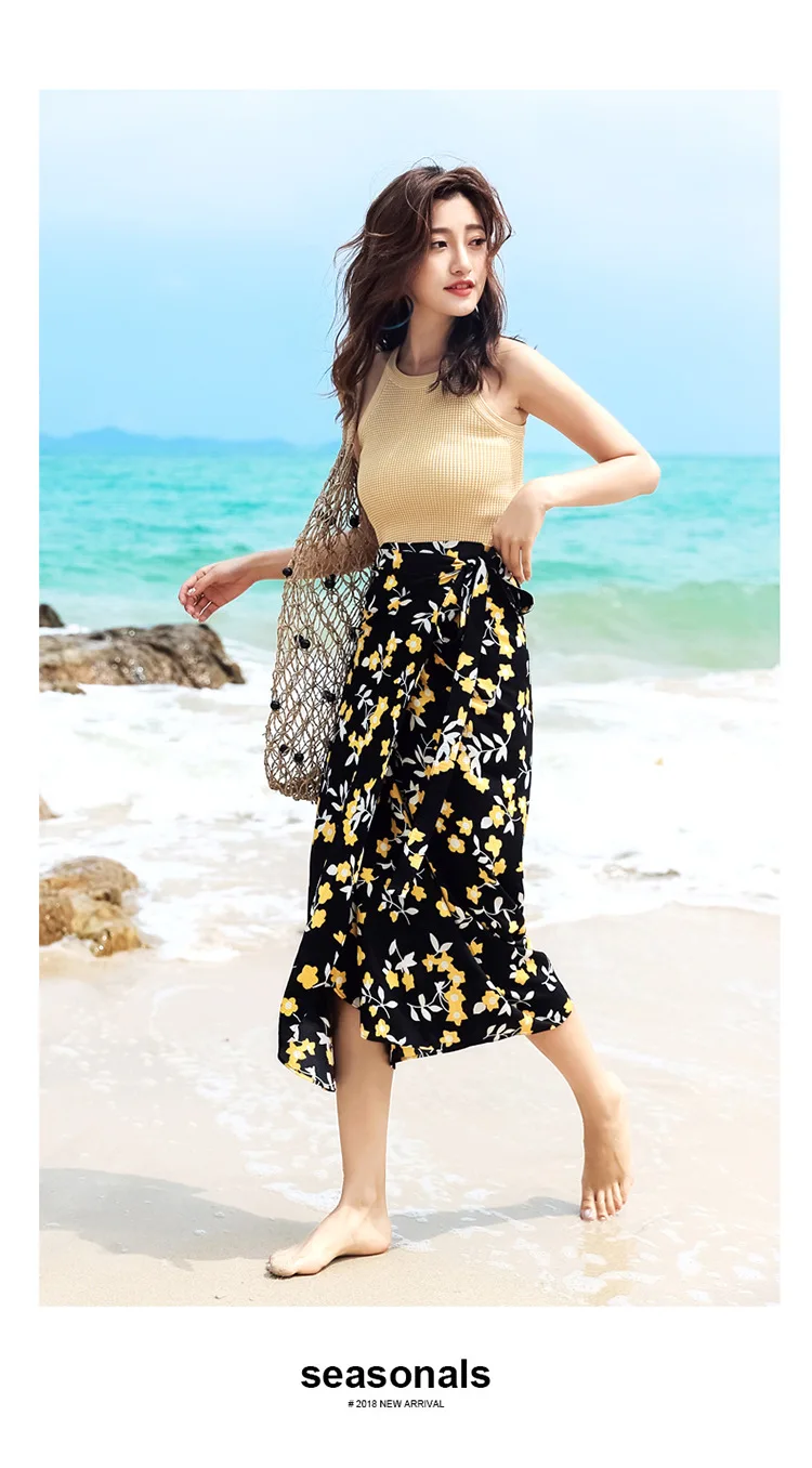 Шифоновая Женская юбка в Корейском стиле, универсальная, однотонная, с цветами, на шнуровке, модная, с высокой талией, средней длины, пляжная