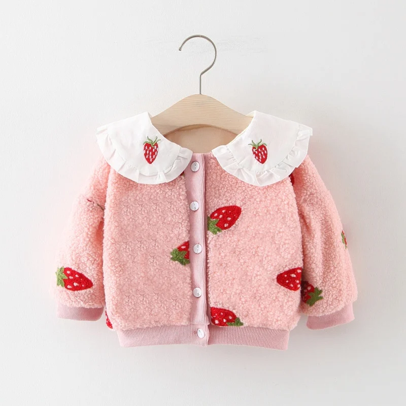 Pink Strawberry Коллекция года, осенне-зимнее теплое пальто для девочек кардиган, детское бархатное пальто из флиса с рисунком клубники и вишни верхняя одежда, Casaco S9989 - Цвет: Pink Strawberry